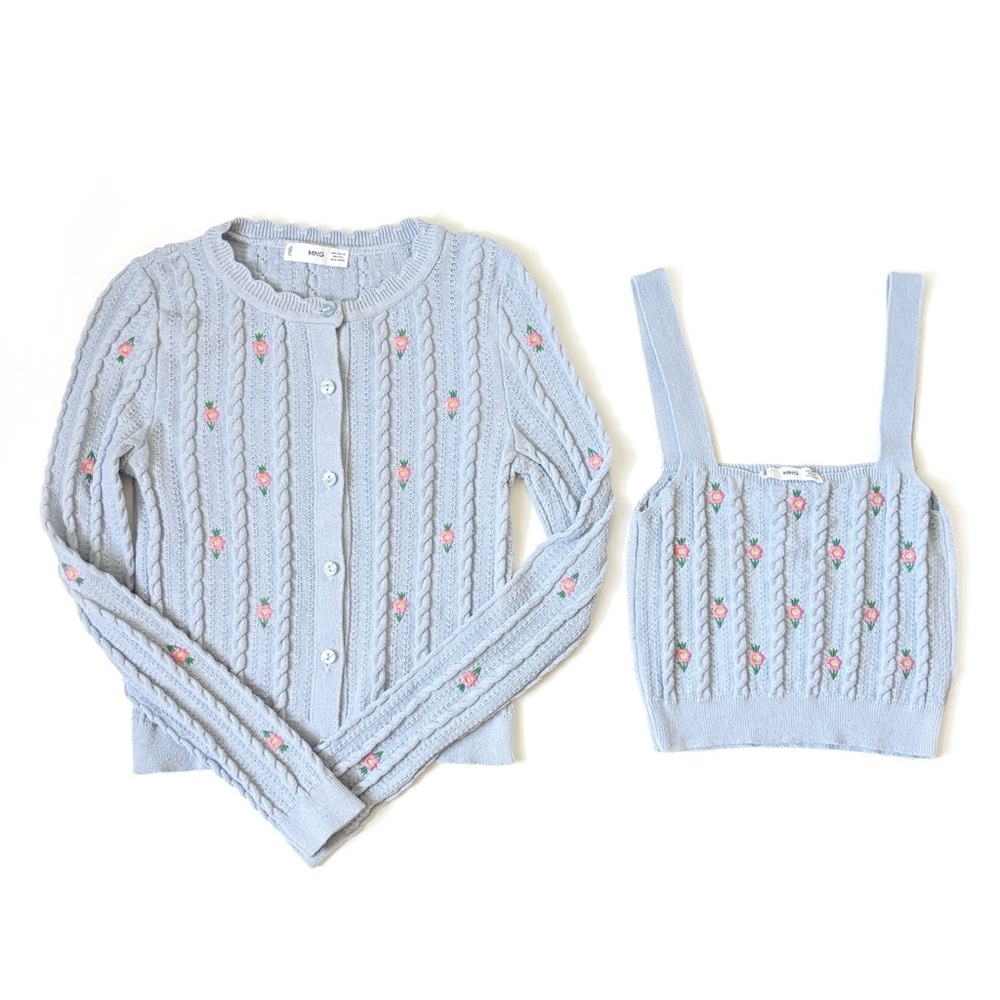 MANGO Light Blue Cable Knit Flower Embroidered Cardigan Tank Set